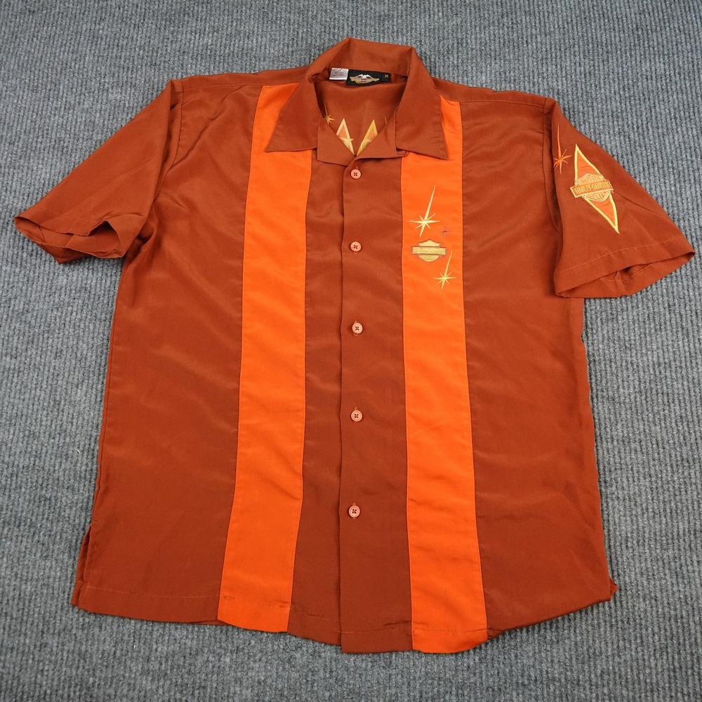 Harley-Davidson Shirt Mens Medium Orange Retro Bowling Short Sleeve Loop Collar